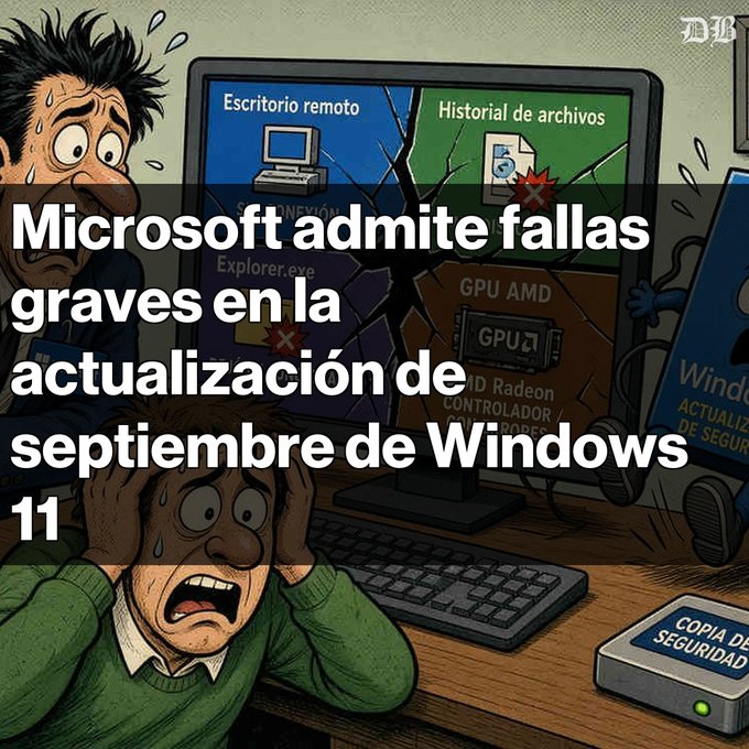 A cartoon illustration showing panicked people around a broken computer screen with Spanish text reading 'Microsoft admite fallas graves en la actualización de septiembre de Windows 11' and 'Escritorio remoto' visible on the display.