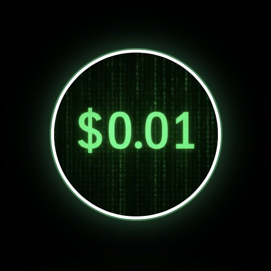 A graphic showing a green digital '$0.01' value displayed within a glowing circular frame against a black background with scrolling code.