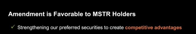 **Caption:** A black slide titled "Amendment is Favorable to MSTR Holders" highlights the strengthening of preferred securities to create "competitive advantages," reinforcing the poster's bullish sentiment toward MicroStrategy ($MSTR).