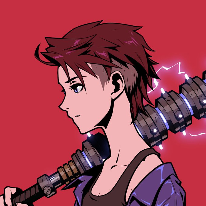 An anime-style profile picture featuring a red-haired character with an undercut, blue eyes, and a serious expression, holding a large electric-themed weapon over their shoulder against a solid red background. The image serves as a new PFP to celebrate the official launch of Azuki TCG, with the character nicknamed "lightning waifu."