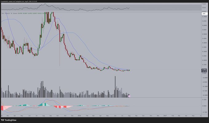 TradingView daily chart for CryptoNews (CNNS/USD) showing a long-term downtrend with moving averages and an RSI indicator at the bottom.