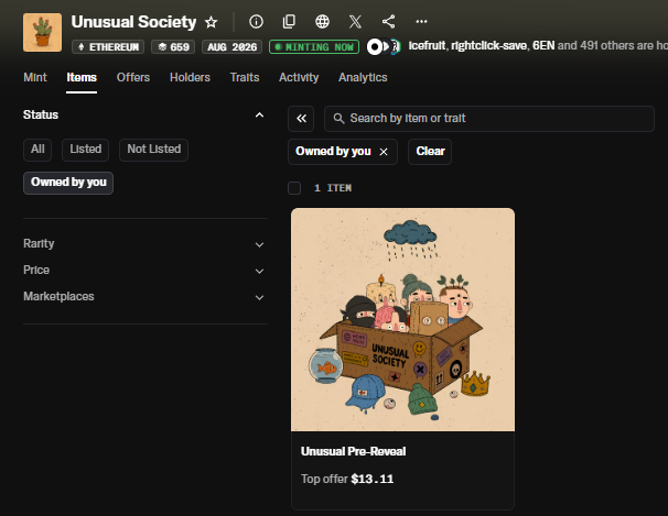 OpenSea NFT collection page for 'Unusual Society' on Ethereum (669 items, August 2020), showing the owned item 'Unusual Pre-Reveal' with a top offer of $13.11.