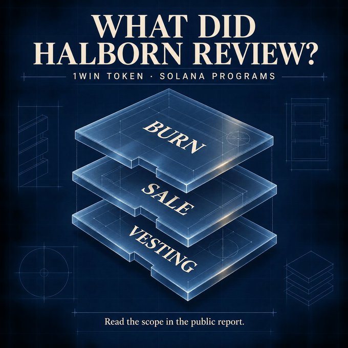 A graphic titled 'WHAT DID HALBORN REVIEW?' showing 1WIN TOKEN · SOLANA PROGRAMS, with stacked blue translucent layers labeled BURN, SALE, and VESTING, and text reading 'Read the scope in the public report.'