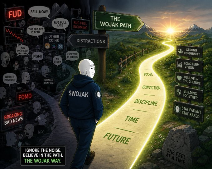 A stoic figure wearing a "$WOJAK" hoodie stands at a fork in the road, choosing the glowing "THE WOJAK PATH" over a dark left path filled with chaos signs reading "FUD," "FOMO," "SELL NOW!," "RUG PULL," and "DISTRACTIONS," while the right path is paved with virtues like "FOCUS," "CONVICTION," "DISCIPLINE," "TIME," and "FUTURE" leading toward principles such as "STRONG COMMUNITY," "LONG TERM VISION," and "STAY PATIENT STAY BASED." The caption at the bottom reads "IGNORE THE NOISE. BELIEVE IN THE PATH. THE WOJAK WAY," perfectly mirroring the post's message about resisting market distractions and maintaining conviction in @wojakcto.
