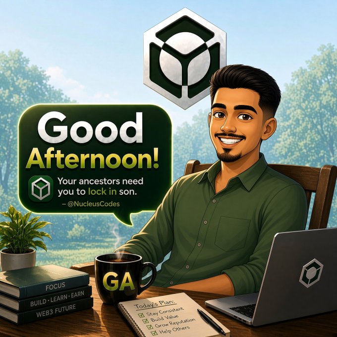 Digital illustration of a smiling man in a green shirt at a desk with a laptop, coffee mug labeled 'GA', and books titled 'FOCUS', 'BUILD · LEARN · EARN', and 'WEB3 FUTURE'. A speech bubble reads 'Good Afternoon! Your ancestors need you to lock in son. - @NucleusCodes' with a green hexagonal logo.