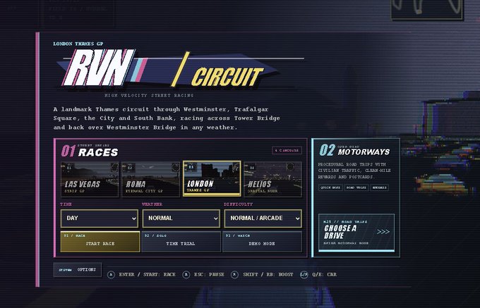 A retro-styled video game menu screen for 'LONDON THAMES GP' race selection, currently highlighting 'LONDON' circuit, with options for time, weather, difficulty, and driving controls listed below.