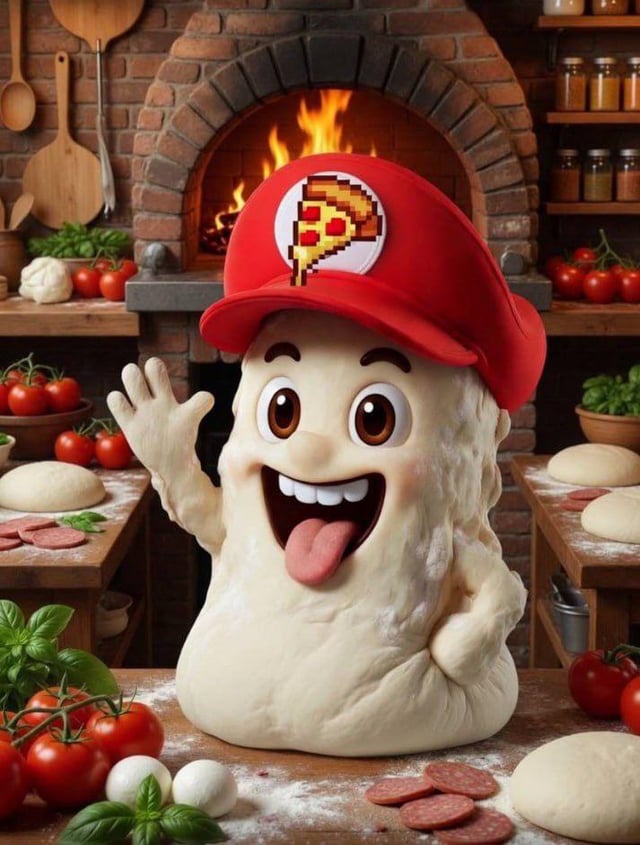 The image features a cartoon pizza character with a red hat, standing next to a table filled with various ingredients such as tomatoes, basil leaves, and pepperoni slices. The text "PizzaCoin has its newest Chad Meet Dough Boi" suggests that this is an advertisement for a new pizza-making game or product called Pizza Coin. The image also includes a brick oven in the background, which further emphasizes the theme of pizza making.