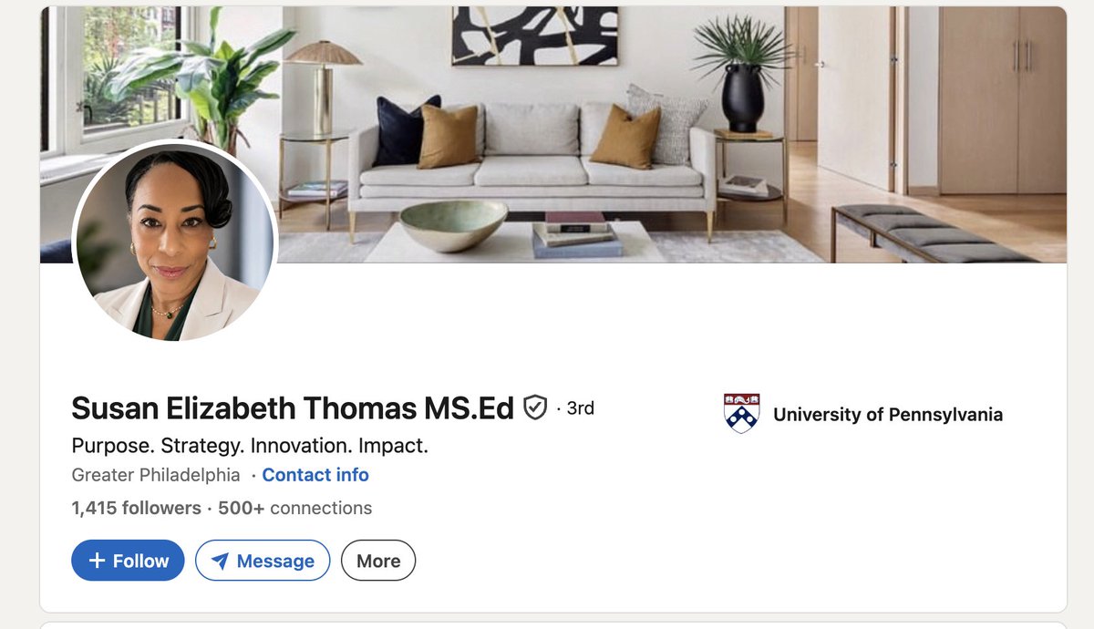 A LinkedIn profile for Susan Elizabeth Thomas MS.Ed, a 3rd connection affiliated with the University of Pennsylvania, located in Greater Philadelphia with 1,415 followers.