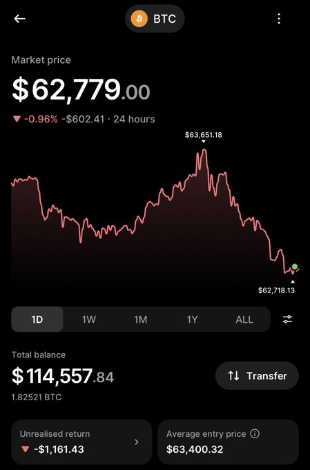 Mobile cryptocurrency tracking app screen displaying BTC market price at $62,779.00 with a 24-hour chart and a total balance of $114,557.84.