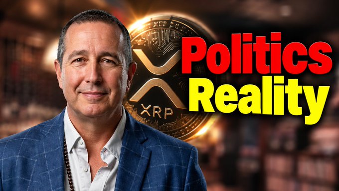 A thumbnail-style image of a smiling man in a blue plaid blazer, with an XRP coin and the text 'Politics Reality' in red and yellow on the right.