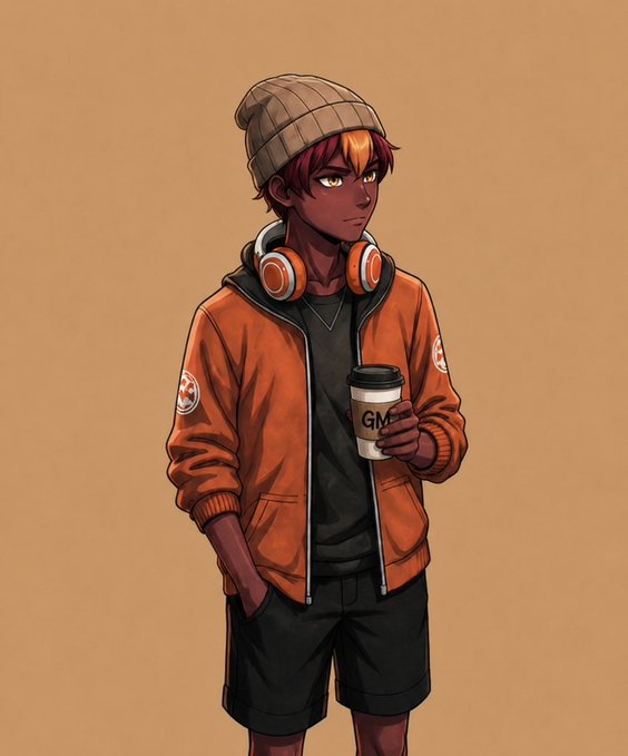 An anime-style illustration of a dark-skinned character with orange and red hair wearing an orange hoodie, black shorts, headphones around their neck, and holding a coffee cup.