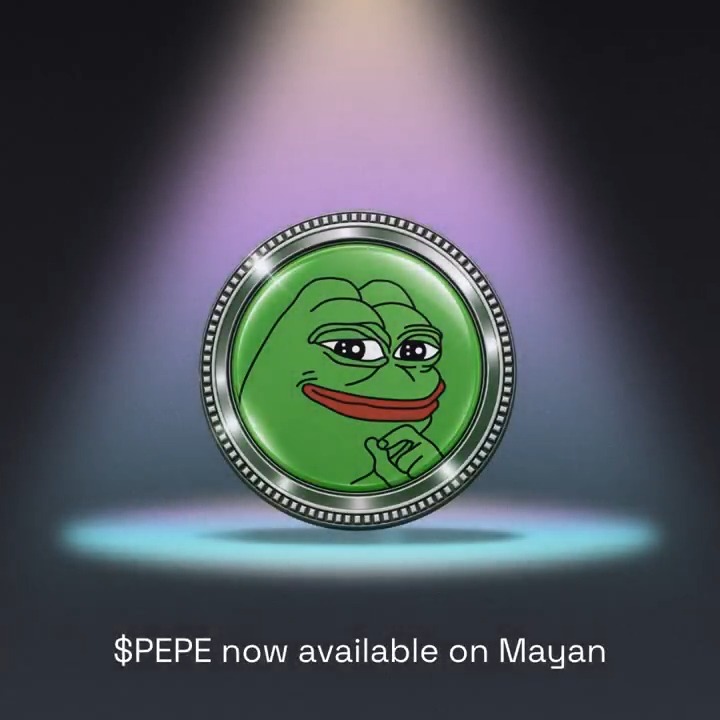 A promotional graphic showing a silver coin featuring the Pepe the Frog meme character, with the text '$PEPE now available on Mayan' below it.
