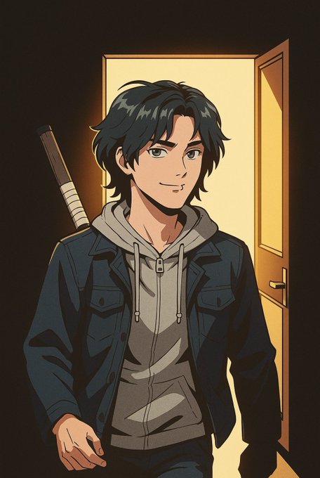The image features a man wearing a jacket, walking down a hallway or doorway. He has dark hair and is smiling at the camera. The caption of the image reads "Gn everyone. Hope to wake up with a win on poly." This message seems to be related to the anime character Gn, who is known for his love of polyamory and his unique appearance.