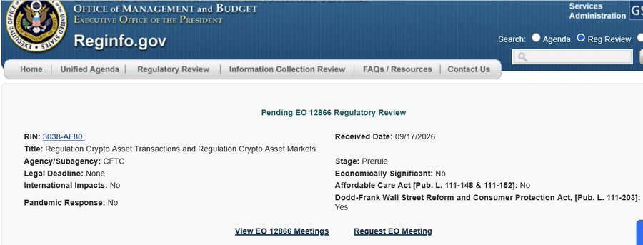 A screenshot of the RegInfo.gov website from the Office of Management and Budget showing a Pending EO 12866 Regulatory Review for RIN 3038-AF80, titled 'Regulation Crypto Asset Transactions and Regulation Crypto Asset Markets' by the CFTC, received on 09/17/2026.