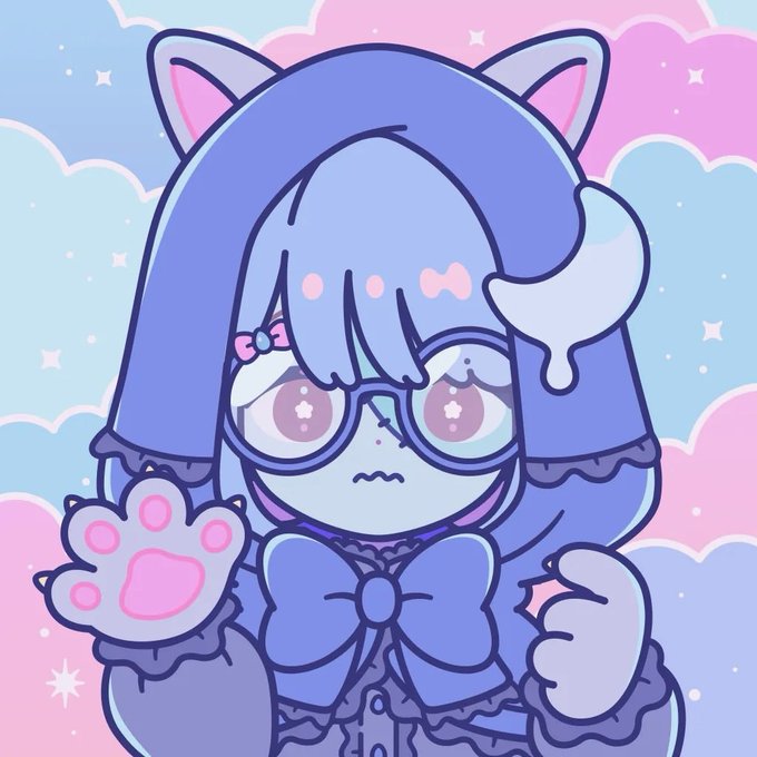 A pastel chibi-style anime character with blue hair, cat ears, glasses, and a bow displays a pink paw print against a dreamy cloud and star background, fitting the post's NFT hype for the XRP community.