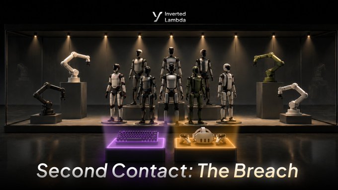 A promotional image titled 'Second Contact: The Breach' by 'Inverted Lambda' showing humanoid robots and robotic arms displayed in a dark showroom setting.