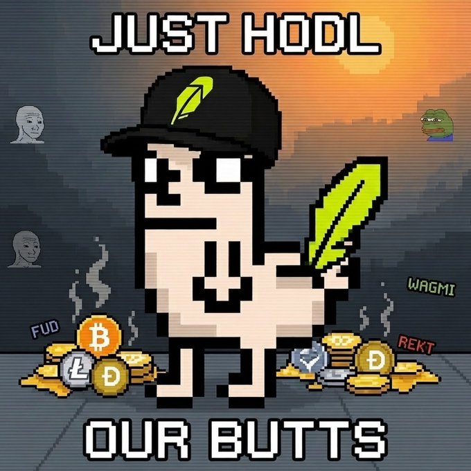 A pixel art meme features a character wearing a black cap with a green feather, holding a feather over a pile of cryptocurrency coins (Bitcoin, Litecoin, Dogecoin, etc.), with the text 'JUST HOOL OUR BUTTS' and the words 'FUD', 'WAGMI', and 'REKT' scattered around.