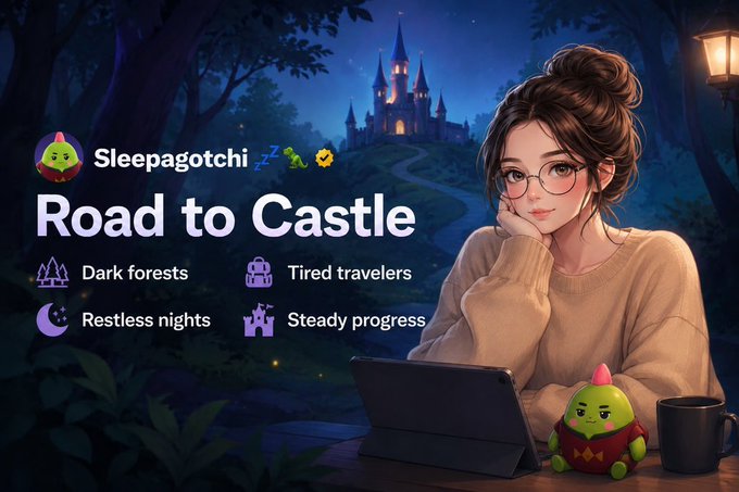A promotional graphic for 'Sleepagotchi' titled 'Road to Castle,' listing 'Dark forests,' 'Tired travelers,' 'Restless nights,' and 'Steady progress,' alongside an anime-style illustration of a woman with glasses at a laptop with a small green creature.