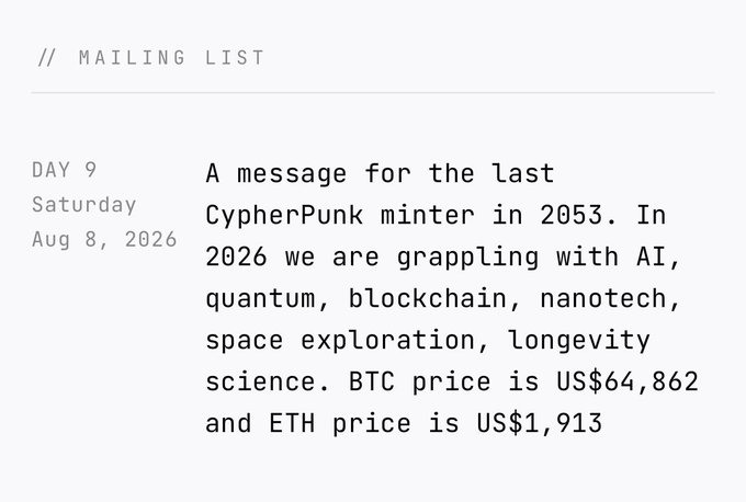 A digital mailing list interface displays "Day 9, Saturday Aug 8, 2026" with a message addressed to "the last CypherPunk minter in 2053," referencing current topics like AI, quantum, blockchain, nanotech, space exploration, longevity science, and listing BTC at US$64,862 and ETH at US$1,913. This appears to be today's auction winner's message featured on cypherpunks.art/mailing-list.
