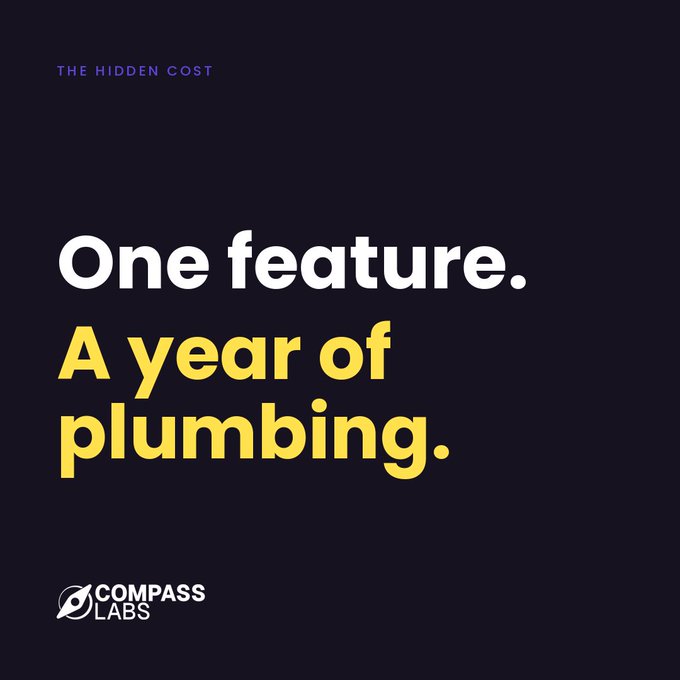 A dark promotional graphic titled 'THE HIDDEN COST' with the headline 'One feature. A year of plumbing.' in white and yellow text, branded with the Compass Labs logo at the bottom.