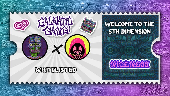 A vibrant promotional ticket-style graphic announces "WELCOME TO THE 5TH DIMENSION" alongside "GALAXY GIRLS" branding, featuring pixel art masks and tiki imagery with "WHITELISTED" text, celebrating the final FCFS whitelist allocation for Rekt Tradoors (Rektguy, Rekt Drinks, Rektmando).
