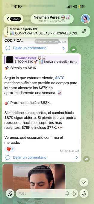 A screenshot of a Telegram channel post by 'Newman Perez' discussing cryptocurrency, with text including 'BITCOIN 81K', 'BTC', and projections for prices like $87K, $83K, $79K, and $77K.