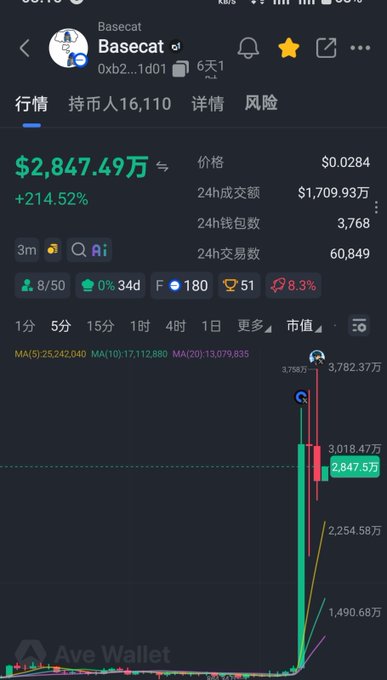 The image shows a cryptocurrency trading chart for the meme coin "$Basecat," displaying a massive 214.52% surge to a market cap of $2,847.49万 (~$28.47 million) at $0.0284 per token, with 60,849 trades executed in 24 hours, visually confirming the viral price action referenced in the post about Coinbase listing the meme coin.