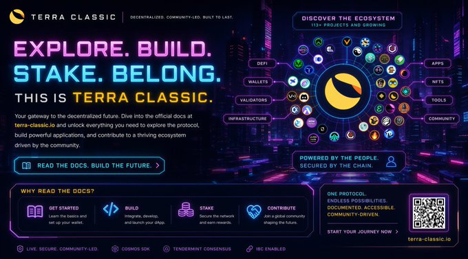 A promotional webpage for "TERRA CLASSIC" featuring the tagline "EXPLORE. BUILD. STAKE. BELONG." and the website "terra-classic.io".