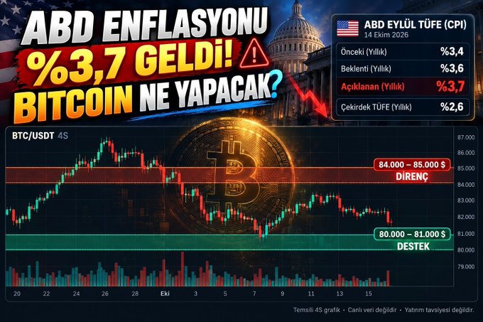 A financial infographic in Turkish highlighting that US September CPI inflation came in higher than projected at 3.7% (vs. 3.6% expected and 3.4% prior), featuring a BTC/USDT candlestick chart showing Bitcoin's price consolidating between $84,000–$85,000 resistance and $80,000–$81,000 support zones following the inflation announcement.