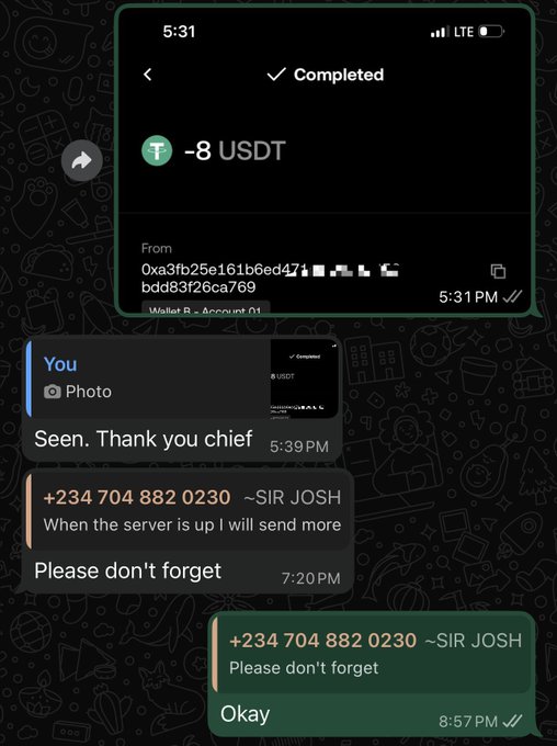 A chat screenshot showing a completed transaction of -8 USDT from a wallet address, followed by messages reading 'Seen. Thank you chief' and 'When the server is up I will send more Please don't forget' from ~SIR JOSH.
