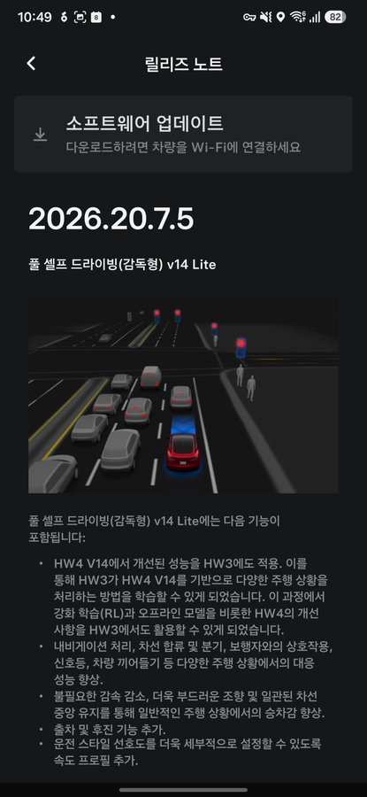 A screenshot of a software update notice for '폴 셀프 드라이빙 (감주행) v14 Lite' dated 2026.20.7.5, describing hardware and software improvements for autonomous driving features.