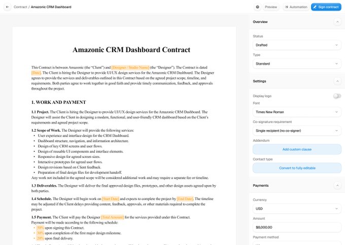 An 'Amazingc CRM Dashboard Contract' document is displayed in a digital editing interface, showing payment terms of $8,000.00 USD.