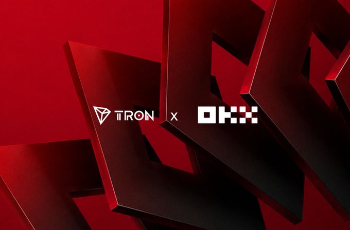 The image features a striking red background with black geometric shapes arranged in a diagonal line. The text "TRON X" is prominently displayed at the top of the image, while "okx Europe" is written below it. This arrangement suggests that the image is related to a promotional campaign for TRON and Okx Europe, possibly highlighting the connection between cryptocurrency growth and the European market.