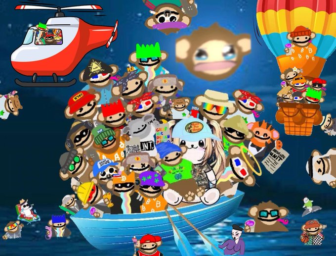 A whimsical cartoon illustration shows a crowded blue boat overflowing with "sock puppet" characters, set against a night sky with a helicopter, hot air balloon, and a monkey wearing a Bitcoin-themed hat overhead—imagery consistent with the Bitcoin Puppets meme community on Twitter.