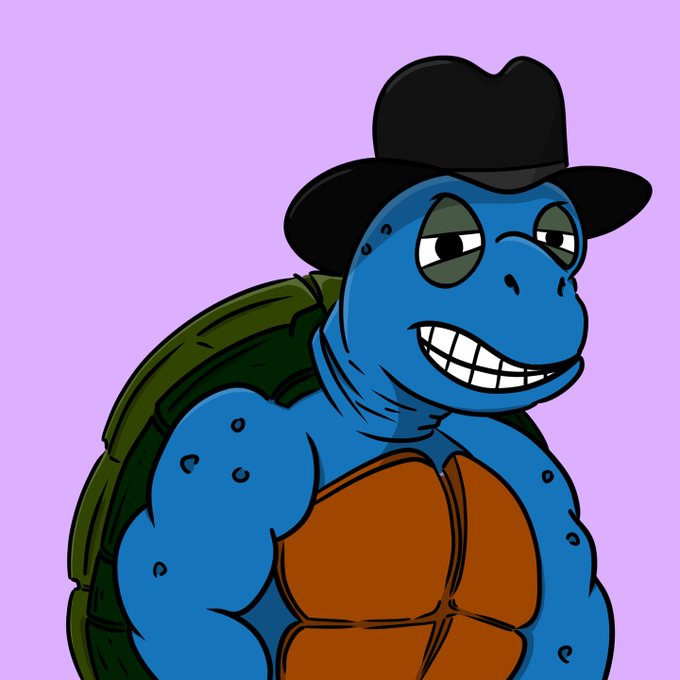 A cartoon illustration of a muscular blue turtle character wearing a black cowboy hat, with a green shell and brown chest plate, smiling on a purple background.