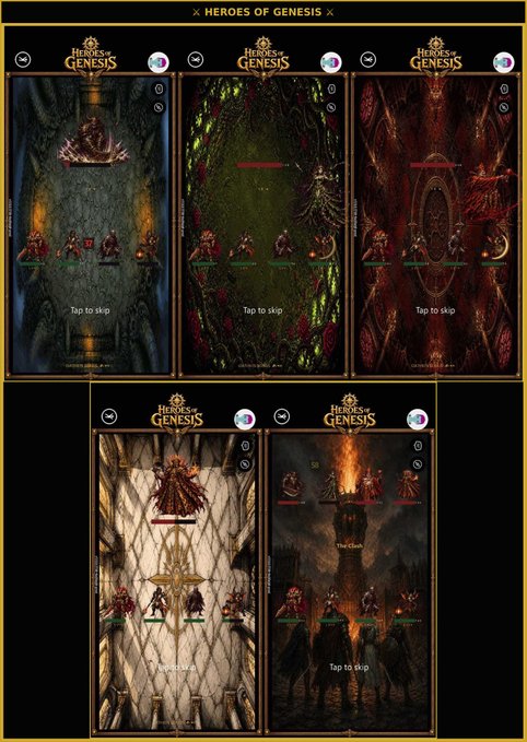 Five gameplay screenshots from a mobile game titled 'HEROES OF GENESIS', showing various dark fantasy dungeon and combat scenes with 'Tap to skip' text visible.