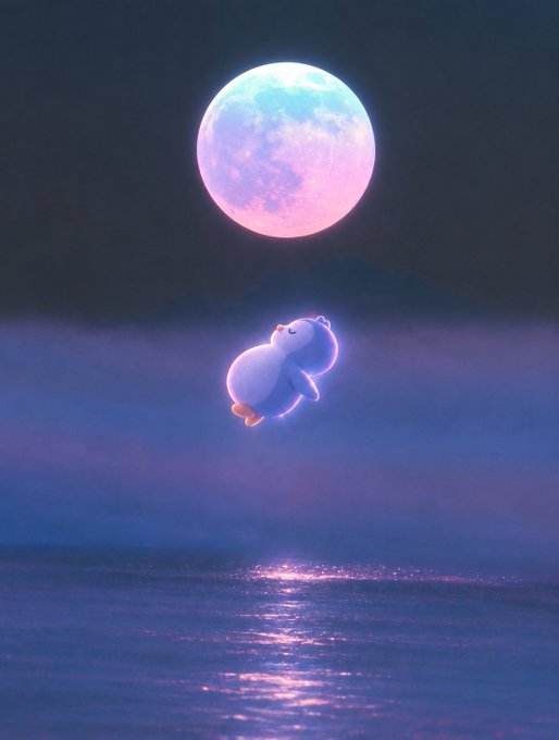A small, round, cartoonish creature floats mid-air in front of a large pastel-colored moon, with its reflection visible in the rippling blue water below.