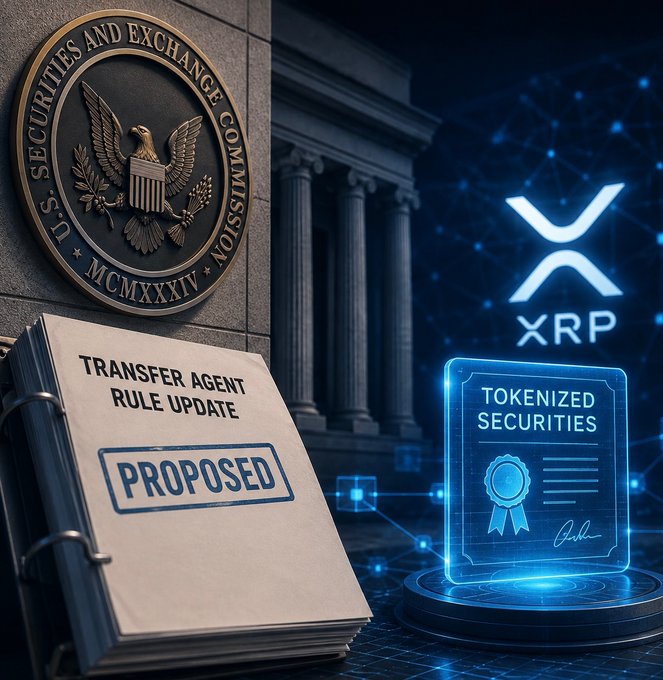 The image shows the official seal of the U.S. Securities and Exchange Commission (MCMXXXIV/1934) alongside a binder labeled "Transfer Agent Rule Update - Proposed" and a glowing digital display featuring the XRP logo and a "Tokenized Securities" certificate. It visually represents the SEC's proposed regulatory framework that could impact tokenized securities on the XRP Ledger, reinforcing the post's claim that the SEC will play an important role for XRP.