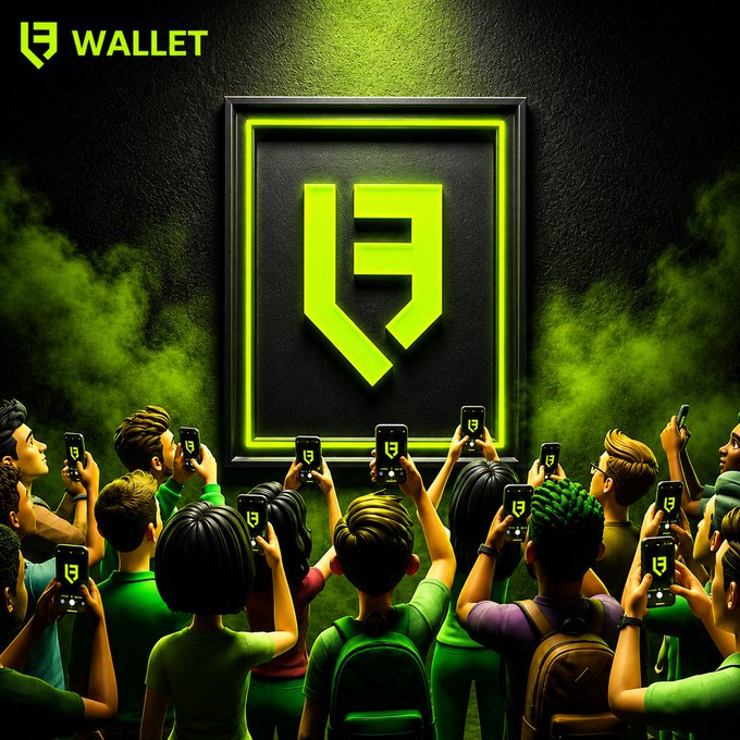 A 3D rendered scene of a crowd holding up phones displaying the 'WALLET' logo beneath a large glowing green and black 'WALLET' emblem.