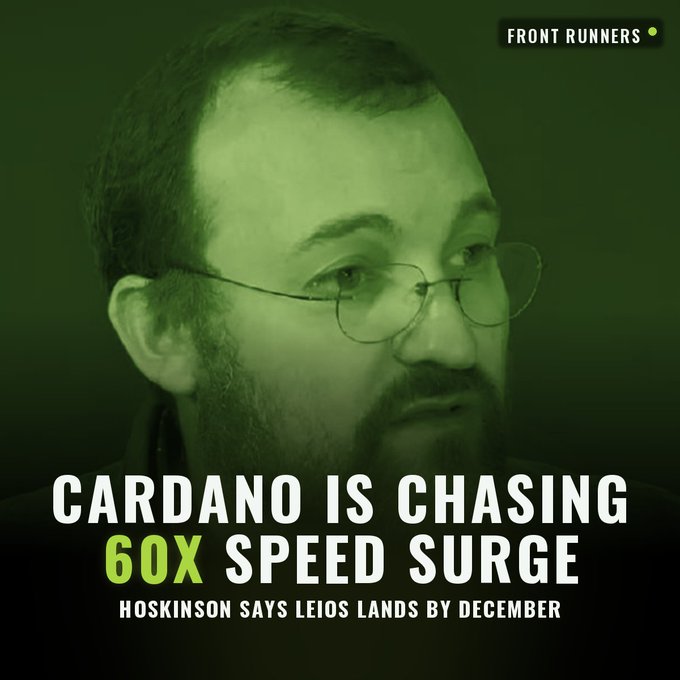 A green-tinted portrait of Cardano founder Charles Hoskinson appears alongside "FRONT RUNNERS" branding, with the headline "CARDANO IS CHASING 60X SPEED SURGE" and subtitle "HOSKINSON SAYS LEIOS LANDS BY DECEMBER" — visually reinforcing his claim that the Ouroboros Leios upgrade will deliver a sixtyfold boost to $ADA throughput while preserving decentralization and security.