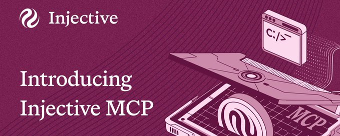 The image features a purple banner that says "Introducing MCP" at the top, followed by an illustration of a computer screen with a mouse and keyboard. The text below the image reads "Injective is bringing AI directly into onchain finance". This suggests that Injective has developed a system that allows users to interact with financial markets using AI agents, making it easier for people to access and manage their investments without needing to rely on traditional methods or services.