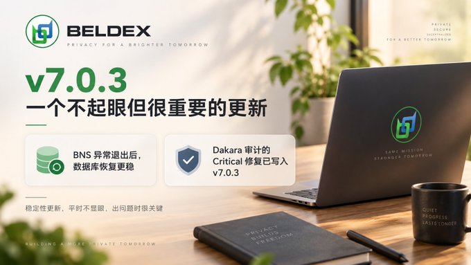 A promotional banner for BELDEX version 7.0.3 featuring a laptop on a desk, highlighting updates with Chinese text including '一个不起眼但很重要的更新' (a small but important update) and features like 'BNS 异常退出后，数据库恢复更稳' and 'Dakara 审计的 Critical 修复已写入 v7.0.3.'