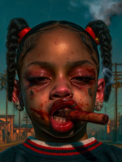 A stylized, hyper-realistic portrait of a young girl with pigtails, facial bruises and a nose ring, smoking a cigar against a suburban backdrop.