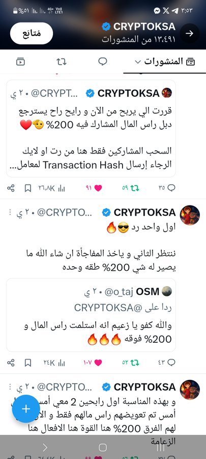 The image shows a Twitter/X post from the verified account "CRYPTOKSA" (with 13.4K followers) in the "منتجات" (Products) category, displaying several tweets celebrating a 200% profit withdrawal from a crypto investment, with users sharing screenshots of transaction hashes as proof of their earnings. The post relates to the accompanying caption by showcasing documented electronic withdrawals proving the promised 200% and 1000% returns, with CRYPTOKSA highlighting winners who profited 200% on their capital.
