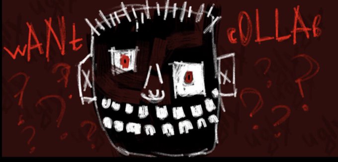 The image features a dark, stylized portrait with the text "WANT COLLAB" visible, hinting at a collaborative NFT raffle being promoted. This artwork likely represents the aesthetic of the @uglyguysNFT project.