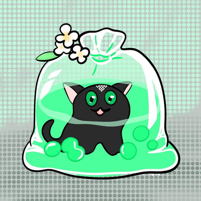 A cartoon black cat with bright green eyes sits inside a clear slime-filled bag tied with flowers, set against a light green polka-dot background.