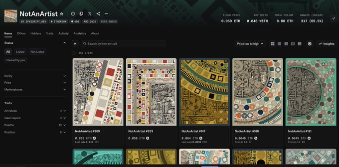 The image shows an OpenSea profile page for the "NotAnArtist" collection by ticklesnarf10, displaying numerous abstract artworks with prices ranging from 0.004 to 0.059 ETH, alongside metrics showing a floor price of 0.059 ETH and total volume of 0.90 ETH. The page reflects the creator's recent NFT project launch, correlating with the post celebrating a successful "cook" (mint) where early participants saw their investment grow from 0.0069 to 0.06 ETH.