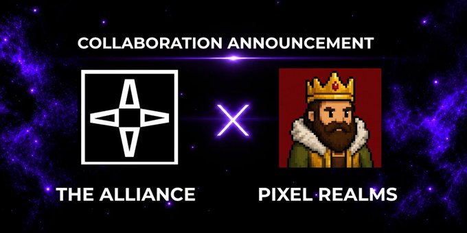 A 'COLLABORATION ANNOUNCEMENT' graphic with a purple cosmic background showing logos for 'THE ALLIANCE' and 'PIXEL REALMS' (featuring a pixel art king character) separated by a glowing 'X'.