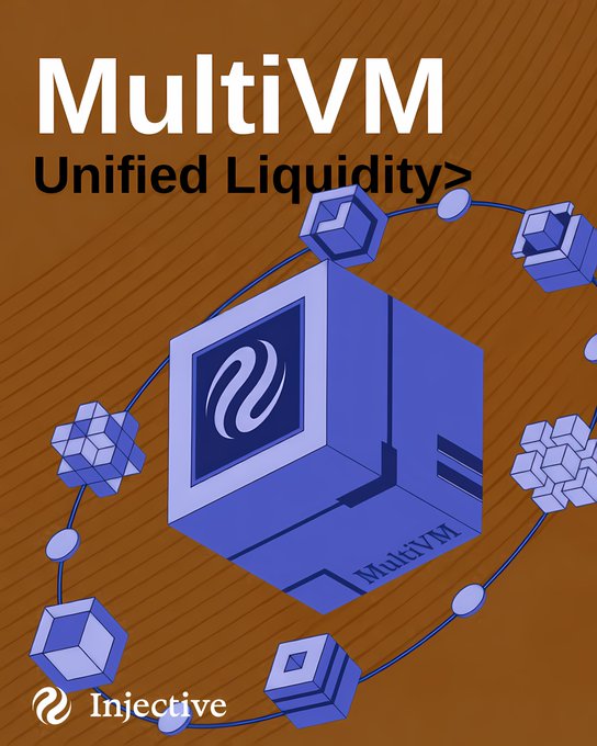 A promotional graphic titled "MultiVM Unified Liquidity" features a central purple isometric cube labeled "MultiVM" surrounded by smaller connected cubes on a brown background, with the Injective logo at the bottom, visually representing the cross-chain interoperability and unified token state described in the accompanying text about Injective's MultiVM Token Standard enabling seamless EVM and WebAssembly execution.