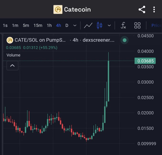 A CATE/SOL cryptocurrency chart on dexscreener showing a price of 0.03685 with a 55.29% gain on a 4-hour timeframe.